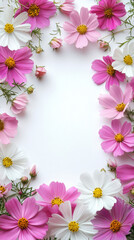 A top view of wild pink and white flowers, chaotically arranged around empty space for text, framed by nature beauty with a clean white background, offering a fresh, minimal feel