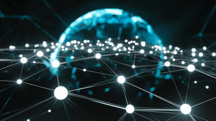 Glowing neural network visualization floating in dark futuristic space, representing artificial intelligence, technology, data flow, and digital connections in a high tech, abstract environment.

