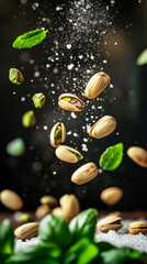 Organic pistachios gently floating in midair, surrounded by salt particles and fresh mint and basil leaves, captured in soft bokeh lighting, evoking a luxurious, gourmet mood against a dark backdrop