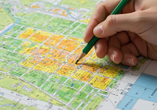 Hand drawing on detailed cadastre map representing urban planning and land surveying concepts