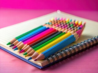 Naklejka premium Miniature world: Colorful pencils and a notebook playfully arranged on a pink surface. Back to school.