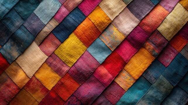 Colorful patchwork fabric featuring vibrant traditional stripe patterns