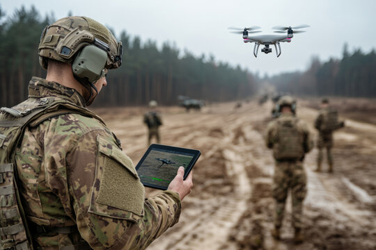 Soldier controlling drone flight with digital tablet during a military operation in a muddy forest road