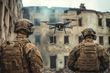 Fototapeta premium Two soldiers operating a drone over a destroyed building during a military operation