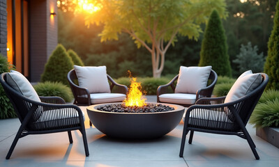 A cozy outdoor space with modern black wicker chairs, a round fire pit filled with black stones, and a warm sunset in the background.