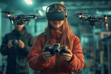 Woman controlling drones via vr headset and remote control in a technological environment