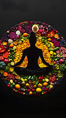 Meditation silhouette surrounded by vibrant, healthy food in the center of an intricate mandala pattern
