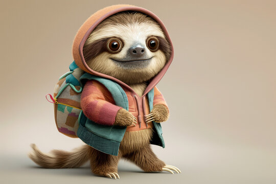 A cute cartoon sloth character wearing a cozy hoodie and a small backpack