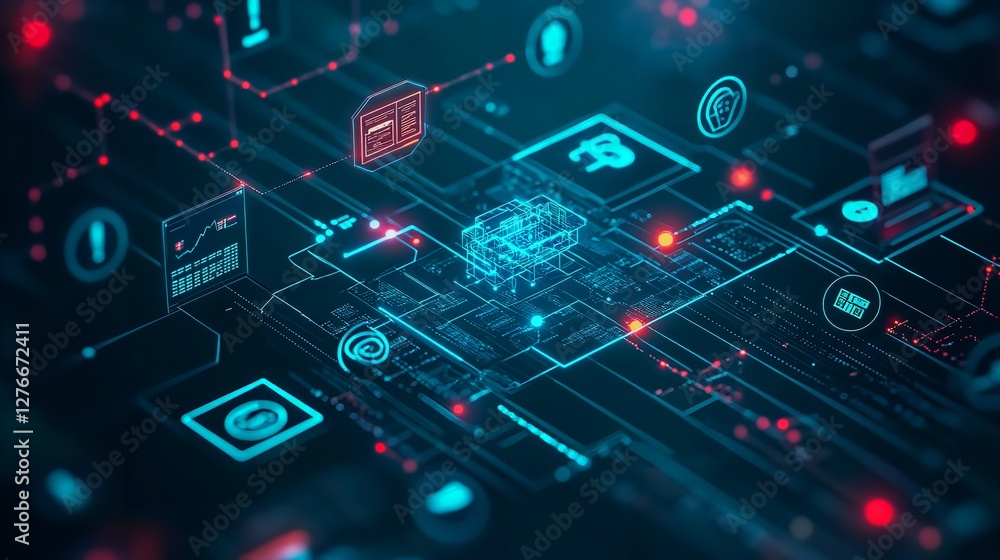 Aufkleber abstract digital network technology data flow system interface red blue neon dark cyber cloud lines