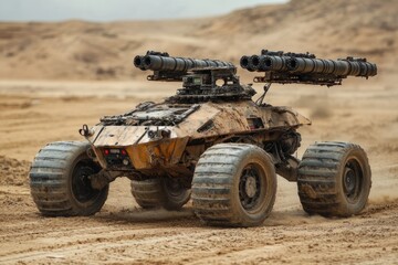 Obraz premium Military robot patrols sandy landscape, showcasing advanced autonomous technology