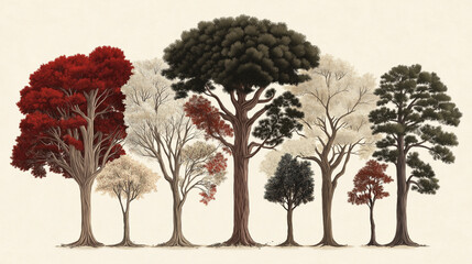 Stylized Trees in Harmony: A collection of diverse, stylized trees of varying shapes and colors, creating a visually appealing and harmonious composition, embodying the beauty and variety of nature.