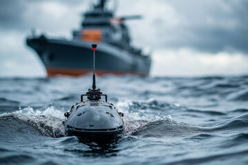 Autonomous underwater vehicle patrolling ocean with navy ship providing support in the background, ensuring maritime security