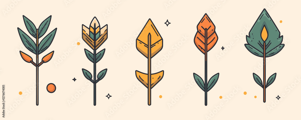 Poster abstract botanical illustration featuring five stylized colorful leaves and stems with geometric pat