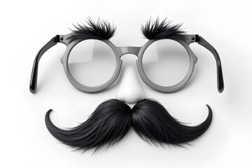 Funny April Fools' Day prank glasses with bushy eyebrows, a prominent nose, and a curly black mustache isolated on a clean white background designed for playful deception