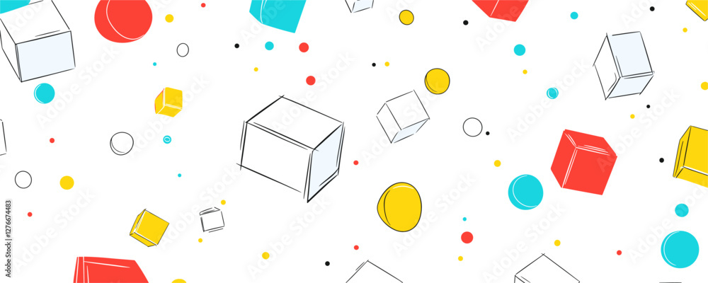 Poster colorful geometric pattern with cubes and circles on white background. vector