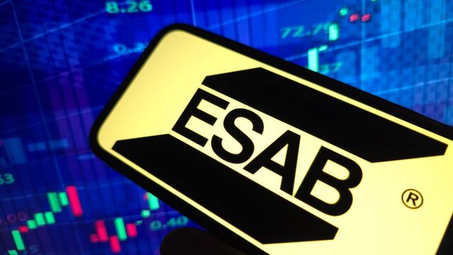 Konskie, Poland - February 18, 2025: ESAB company logo displayed on mobile phone