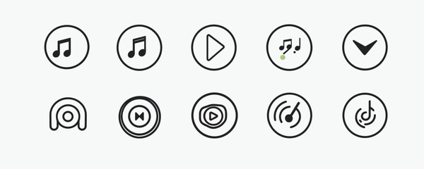 Set of music icons including notes, play, fast-forward, and loop symbols in black and white. Vector
