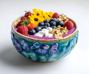 A colorful smoothie bowl topped with fresh berries, granola, and coconut flakes, in a handmade ceramic bowl.