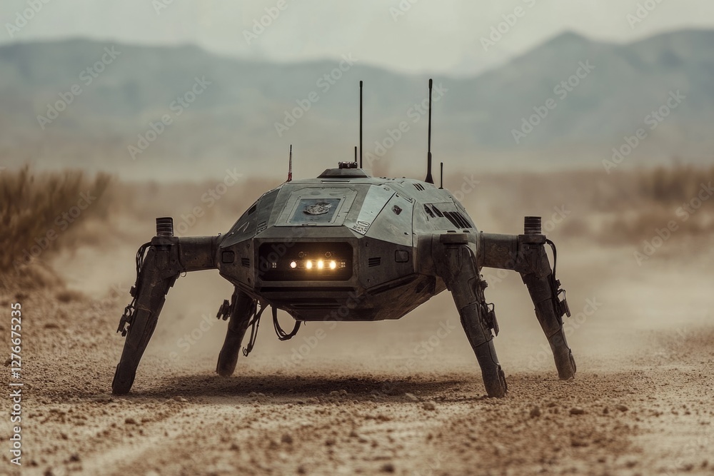 Poster advanced military robot patrolling a desert area, showcasing its autonomous navigation capabilities
