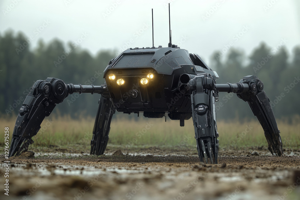 Aufkleber advanced military robot navigating a muddy field during a rainy day, showcasing its all-terrain capa