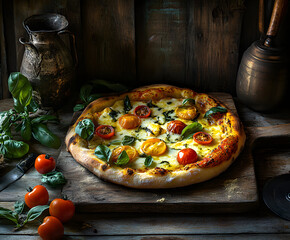 A delicious-looking pizza with mozzarella, cherry tomatoes, and basil on an old wooden table, dark background, highly detailed photography.