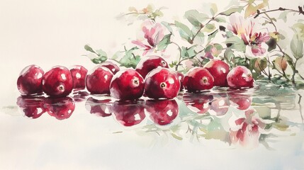 Watercolor painting of red berries with reflection and pink flowers. Light background. Still life. Nature.