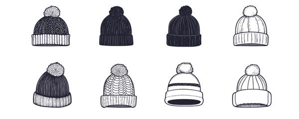 Collection of eight stylish winter beanies with pom-poms in black and white. Vector