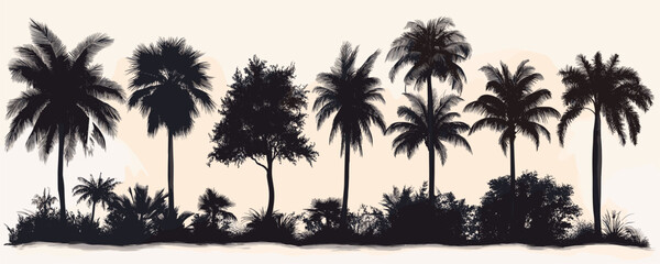 Silhouetted tropical trees against soft sunset sky in minimalist landscape artwork. Vector