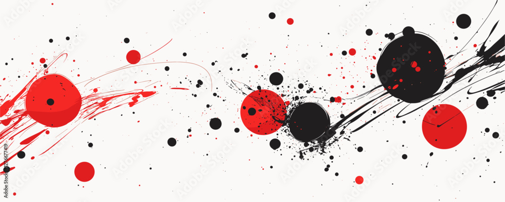 Poster abstract red and black splatters with dynamic circles and paint streaks on white background. vector