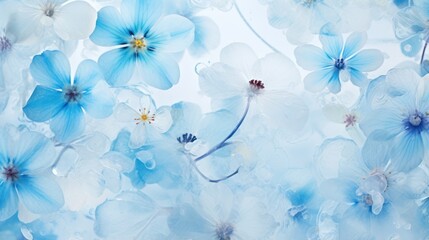 Delicate Blue and White Frozen Flowers with Dew Drops, Winter Floral Background, Nature, Spring, Freshness, Petals, Bloom, Macro Photography