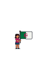 pixel art illustration depicting a woman against plain background holding a flag of algeria