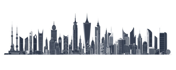 Fototapeta premium Panoramic view of modern city skyline with diverse skyscrapers and towers against clear sky. Vector