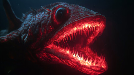 Terrifying deep-sea creature with glowing teeth in dark ocean depths.
