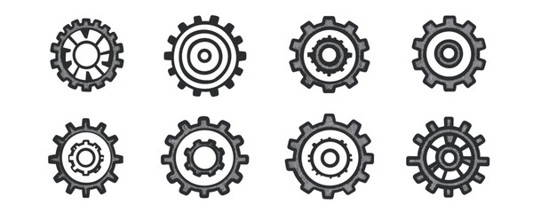 Variety of gear icons with different patterns and designs. Vector