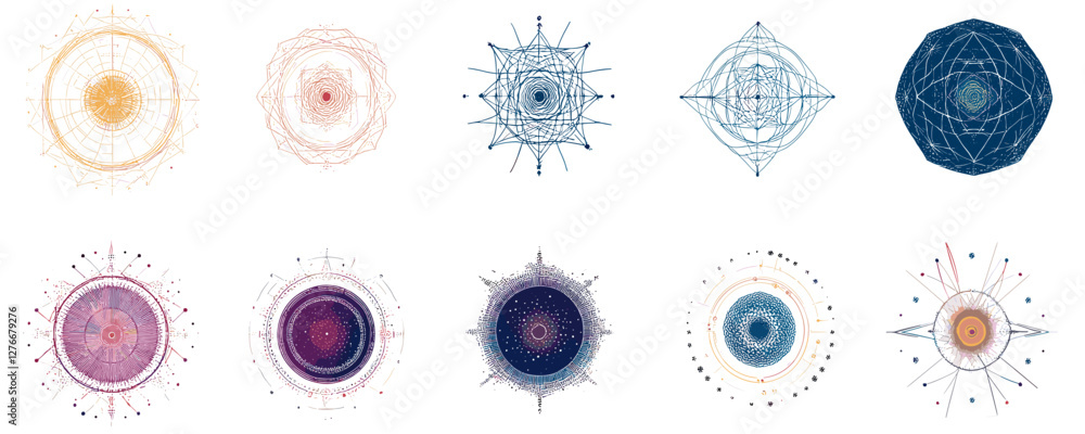Poster geometric mandala designs: intricate circular patterns in various colors and styles. vector