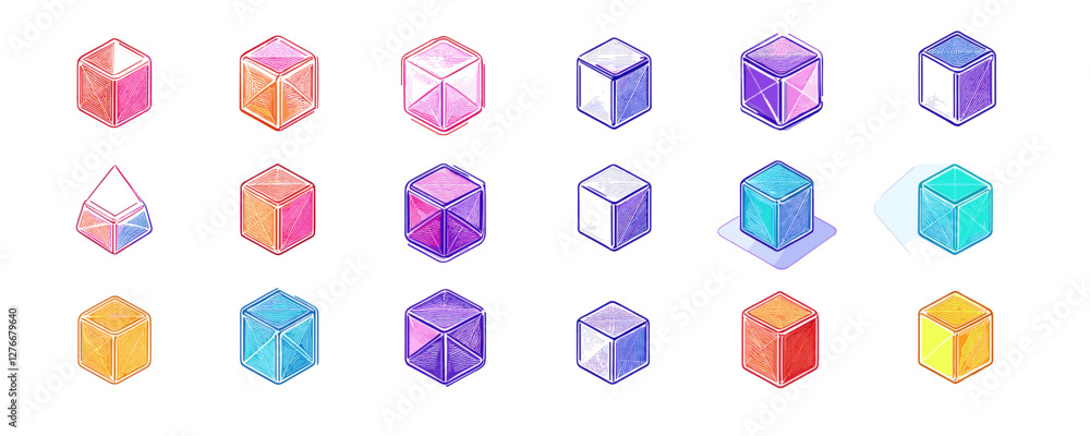 Poster colorful geometric shapes displaying various color gradients on white background. vector
