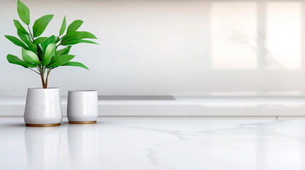 Table top with empty podium for product presentation on blur kitchen interior background, advertising