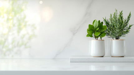 Table top with empty podium for product presentation on blur kitchen interior background, advertising