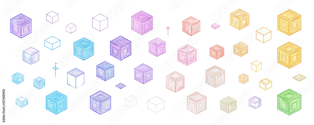 Poster colorful geometric shapes in various sizes arranged in a pattern on white background. vector