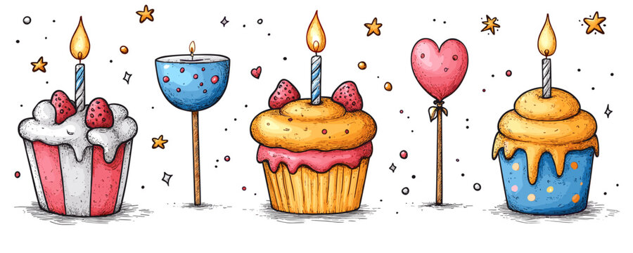 Colorful cupcakes with candle flames and festive decorations in a row. Vector