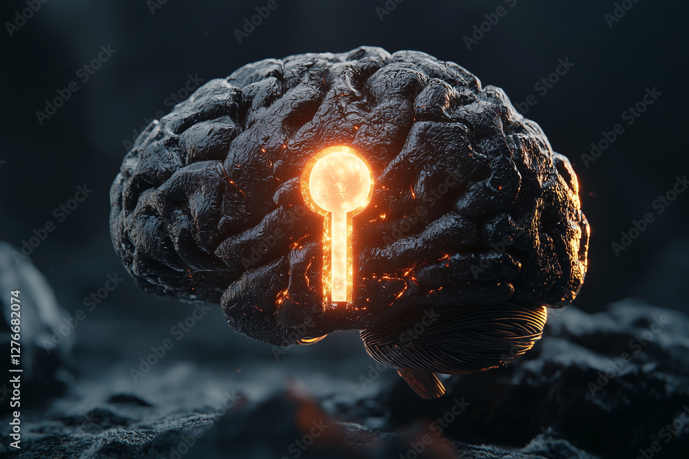 Poster conceptual image of brain with glowing keyhole symbolizing knowledge unlocking
