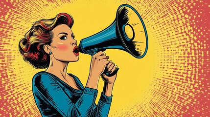 pop art woman megaphone announcing sale