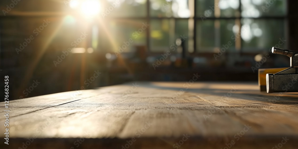 Poster serene workshop with minimal decor featuring sunlight streaming through windows