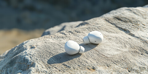 Minimal wireless earbuds rest on textured rock surface outdoors