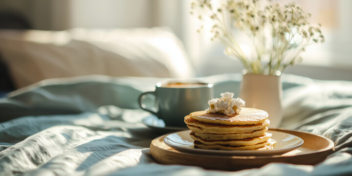 cozy breakfast in bed with pancakes and coffee, featuring soft morning light