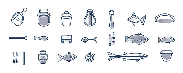 Set of fishing and camping icons in blue outline style with fish, bait, and gear illustrations. Vector