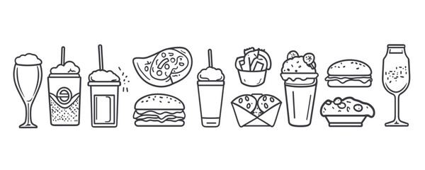 Variety of fast food and drinks line art: burgers, drinks, and tacos. Vector