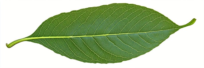 Fresh green leaf with prominent parallel veins isolated on white background, showing perfect symmetry and natural texture. Macro shot of botanical specimen.