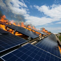 Fire and flames due to short circuit in solar panels on the roof of a house