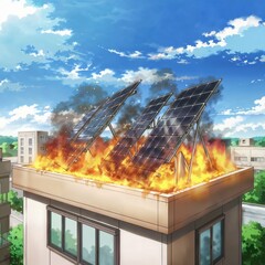 Fire and flames due to short circuit in solar panels on the roof of a house